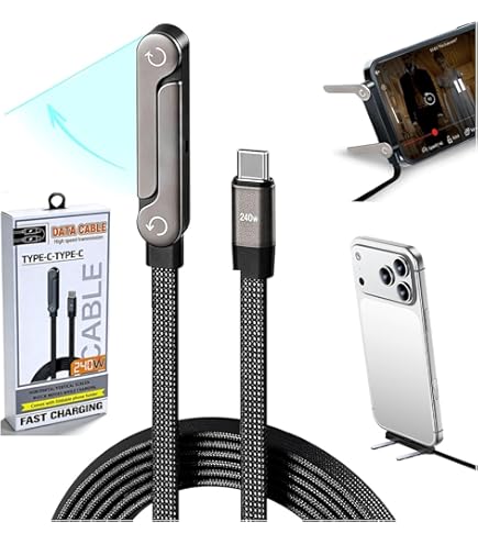 Invisible Holder Charger Cable with Stand, 240W Super Fast Charging with Folding and Tangle-Free,for iPhone 15-17/Smartphones/Tablets, Type C Braided Design for Gaming Office Travel (Type-C to Type-C)