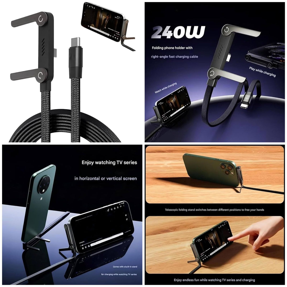 Invisible Holder Charger Cable with Stand, 240W Super Fast Charging with Folding and Tangle-Free,for iPhone 15-17/Smartphones/Tablets, Type C Braided Design for Gaming Office Travel (Type-C to Type-C)